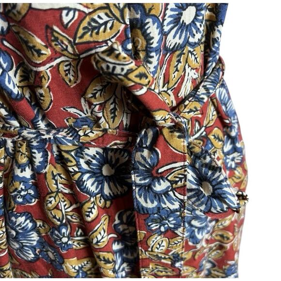 Faherty Boho Linen Dress Size XS Puff Sleeve Midi Belted Red Cottage Peasant - Picture 9 of 16